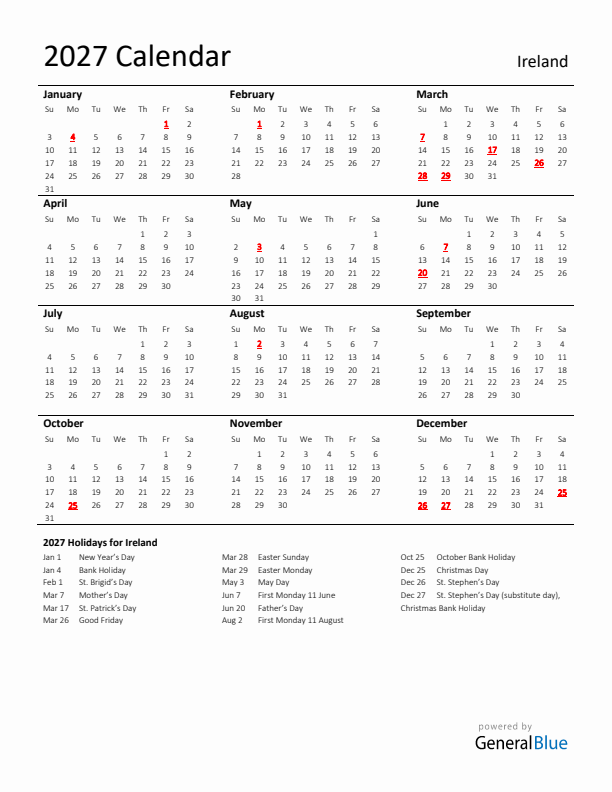 Standard Holiday Calendar for 2027 with Ireland Holidays