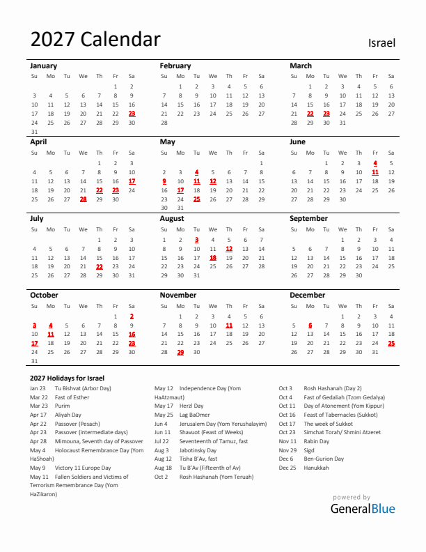 Standard Holiday Calendar for 2027 with Israel Holidays 