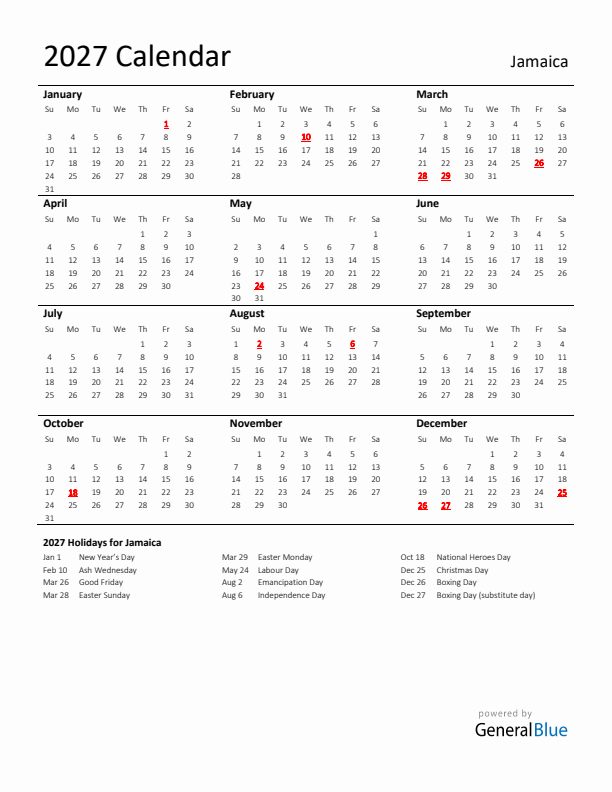Standard Holiday Calendar for 2027 with Jamaica Holidays