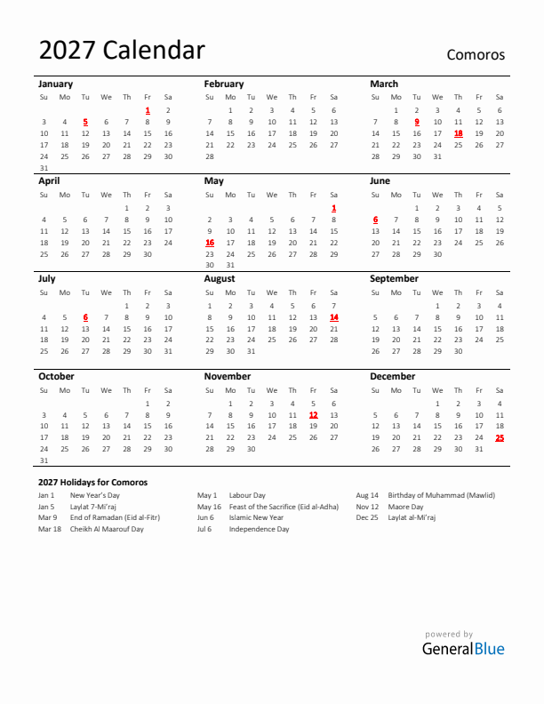 Standard Holiday Calendar for 2027 with Comoros Holidays 