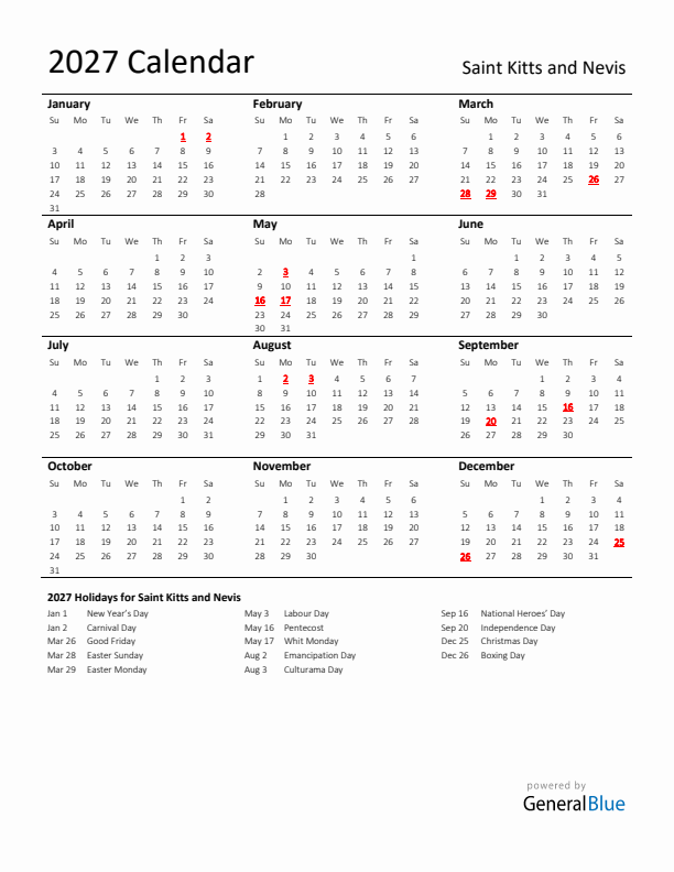 Standard Holiday Calendar for 2027 with Saint Kitts and Nevis Holidays 