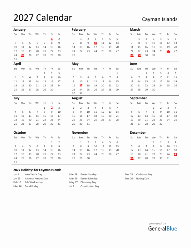 Standard Holiday Calendar for 2027 with Cayman Islands Holidays 