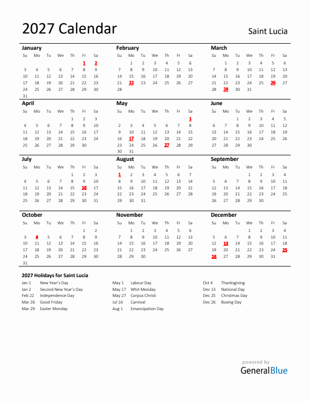 Standard Holiday Calendar for 2027 with Saint Lucia Holidays 