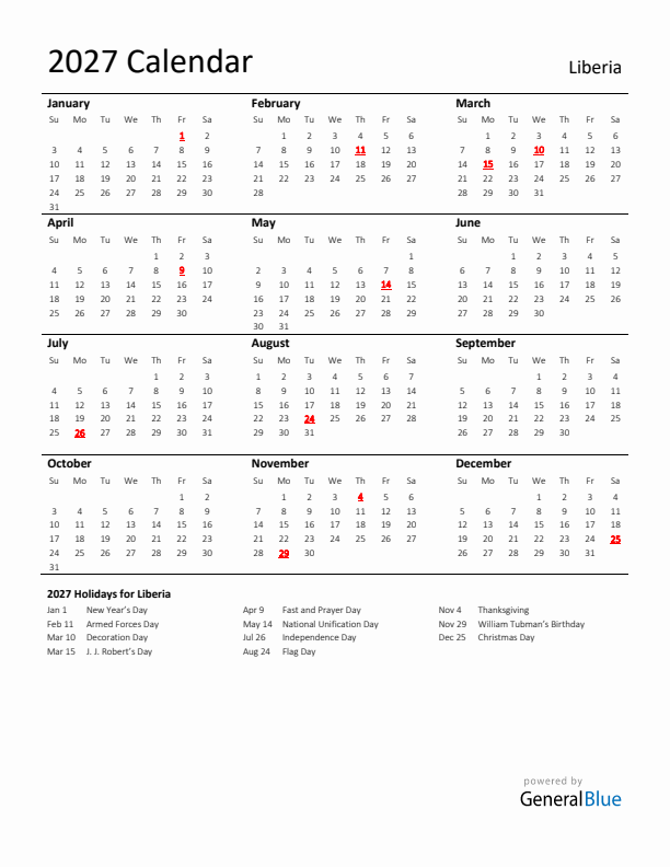 Standard Holiday Calendar for 2027 with Liberia Holidays 