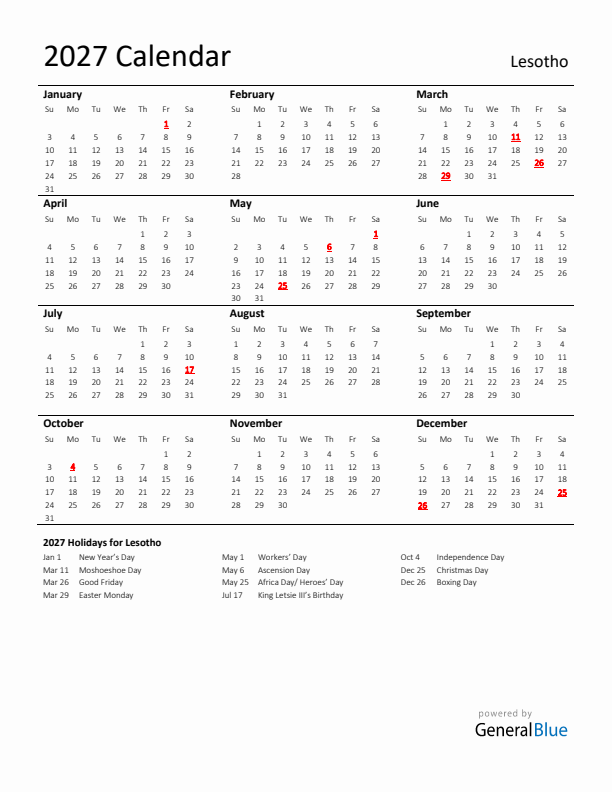 Standard Holiday Calendar for 2027 with Lesotho Holidays