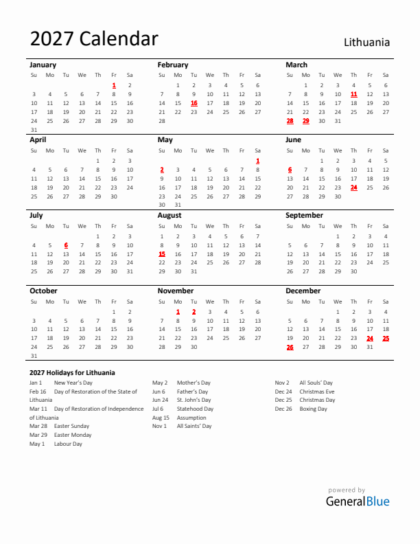 Standard Holiday Calendar for 2027 with Lithuania Holidays 