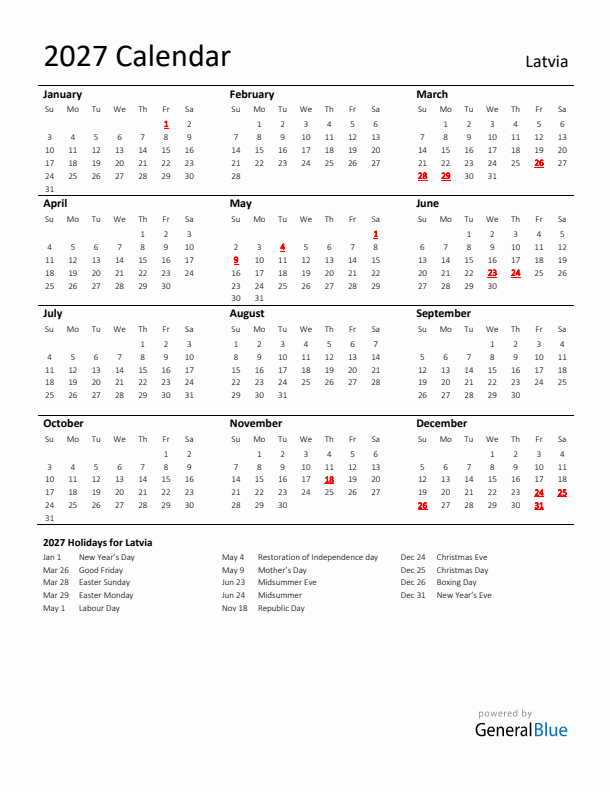 Standard Holiday Calendar for 2027 with Latvia Holidays