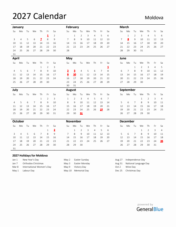 Standard Holiday Calendar for 2027 with Moldova Holidays