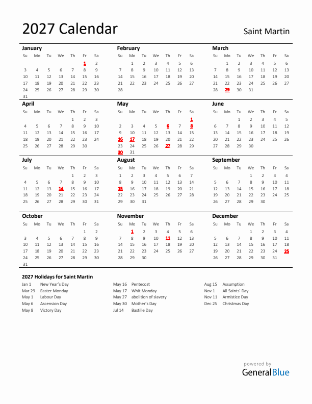 Standard Holiday Calendar for 2027 with Saint Martin Holidays 