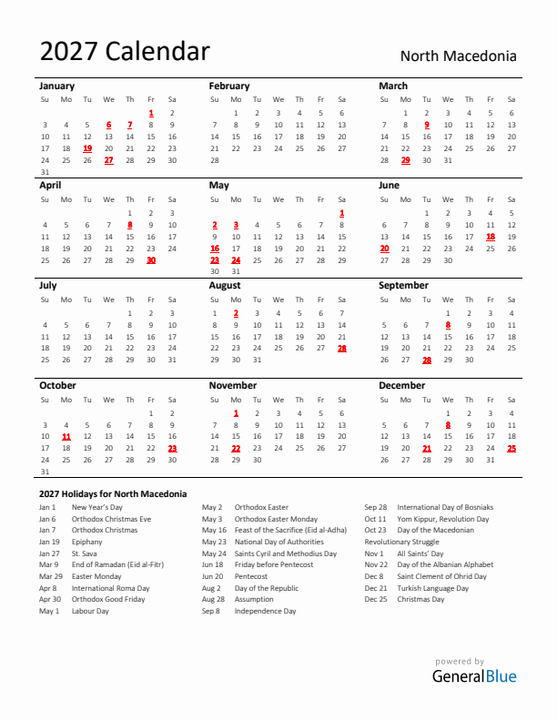 Standard Holiday Calendar for 2027 with North Macedonia Holidays 