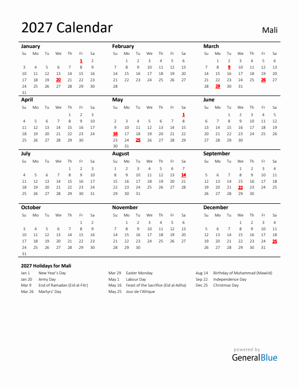 Standard Holiday Calendar for 2027 with Mali Holidays 