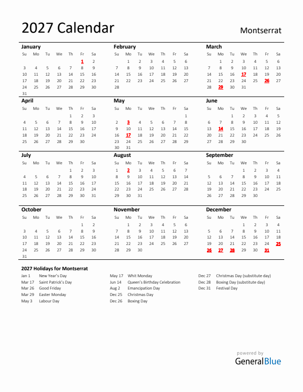 Standard Holiday Calendar for 2027 with Montserrat Holidays 