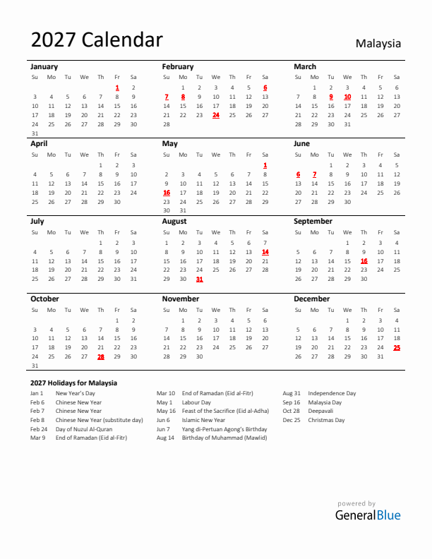 Standard Holiday Calendar for 2027 with Malaysia Holidays 