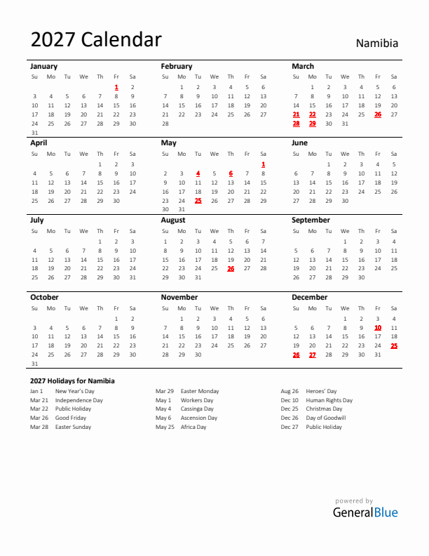 2027 Namibia Calendar With Holidays 2027 Namibia Calendar With Holidays