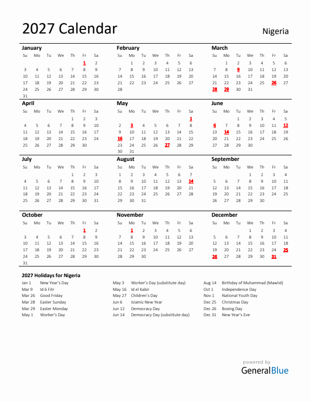 Standard Holiday Calendar for 2027 with Nigeria Holidays 