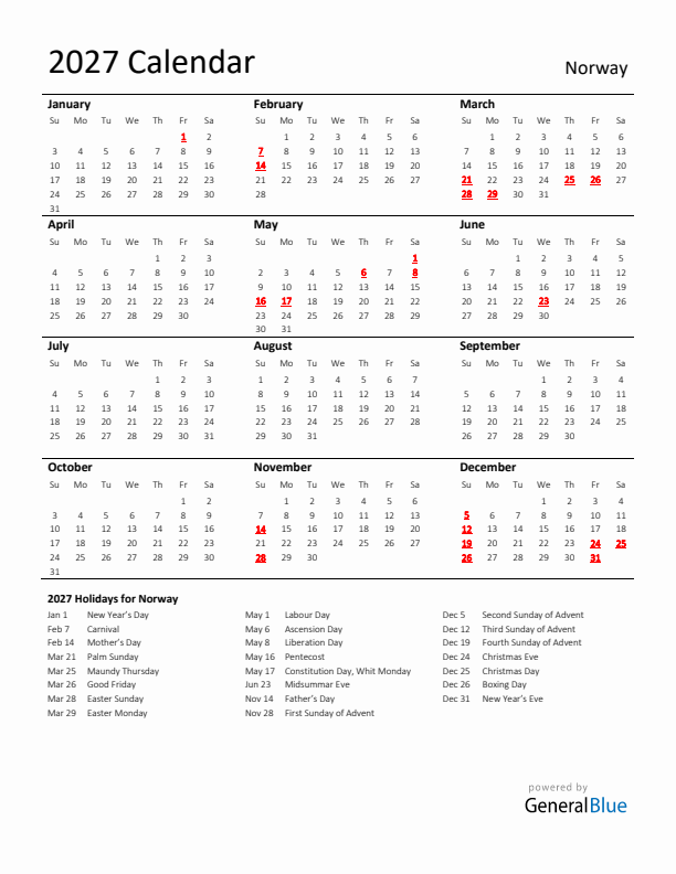 Standard Holiday Calendar for 2027 with Norway Holidays