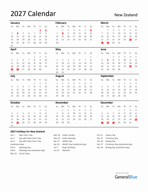 Standard Holiday Calendar for 2027 with New Zealand Holidays