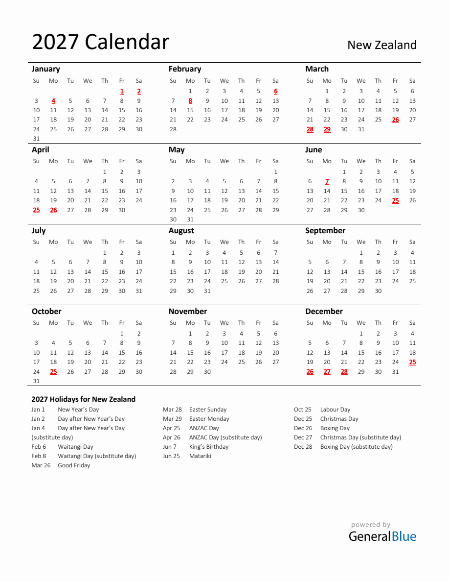 Standard Holiday Calendar for 2027 with New Zealand Holidays