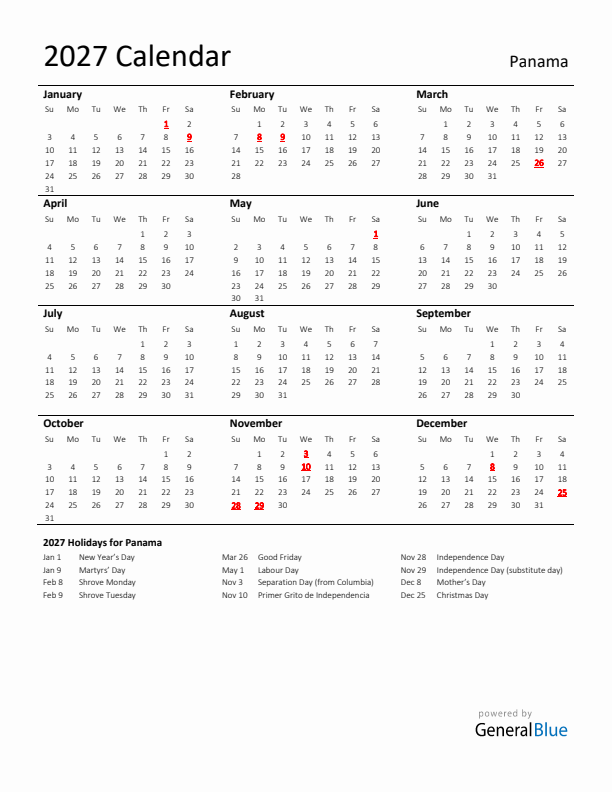 Standard Holiday Calendar for 2027 with Panama Holidays
