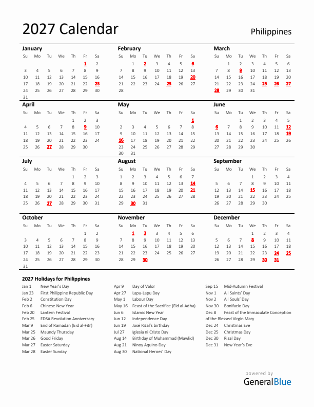Standard Holiday Calendar for 2027 with Philippines Holidays