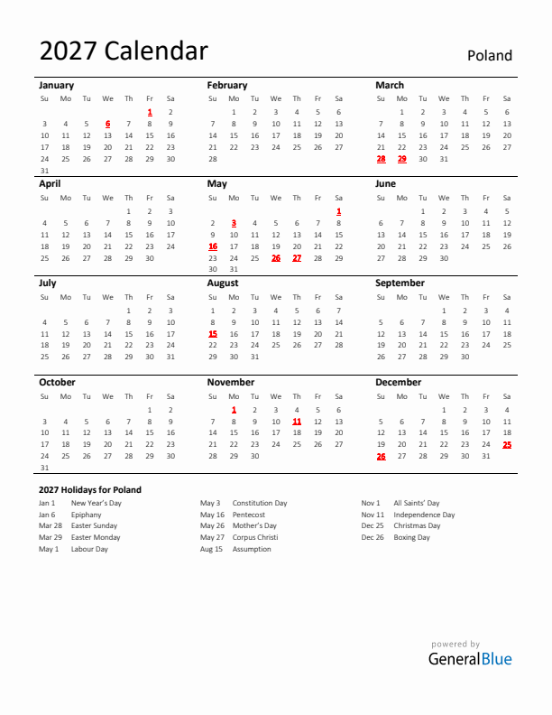 Standard Holiday Calendar for 2027 with Poland Holidays