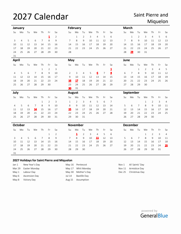 Standard Holiday Calendar for 2027 with Saint Pierre and Miquelon Holidays 
