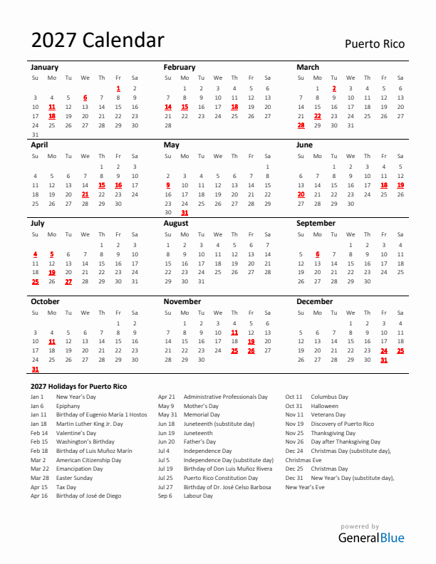 Standard Holiday Calendar for 2027 with Puerto Rico Holidays 