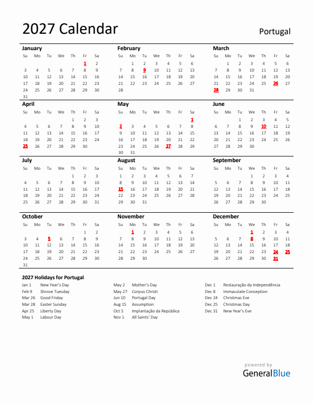 Standard Holiday Calendar for 2027 with Portugal Holidays