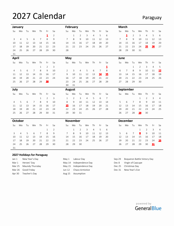 Standard Holiday Calendar for 2027 with Paraguay Holidays