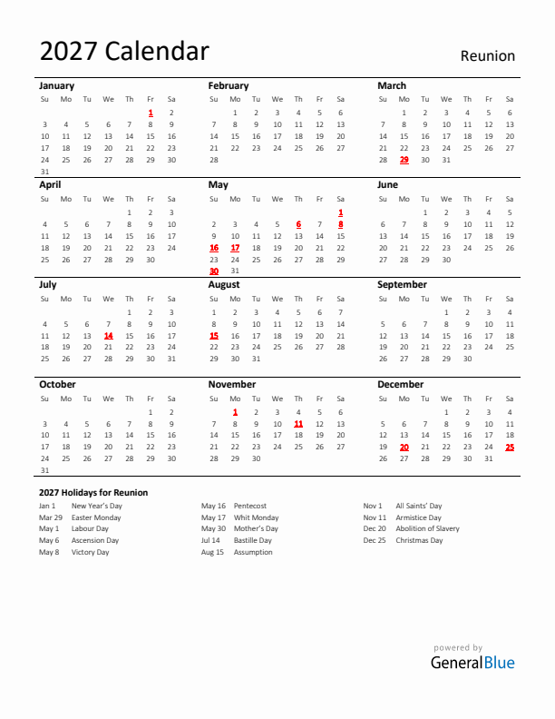 Standard Holiday Calendar for 2027 with Reunion Holidays