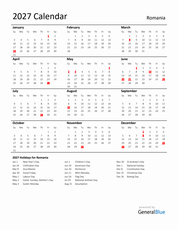 Standard Holiday Calendar for 2027 with Romania Holidays