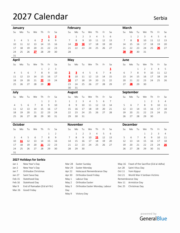 Standard Holiday Calendar for 2027 with Serbia Holidays