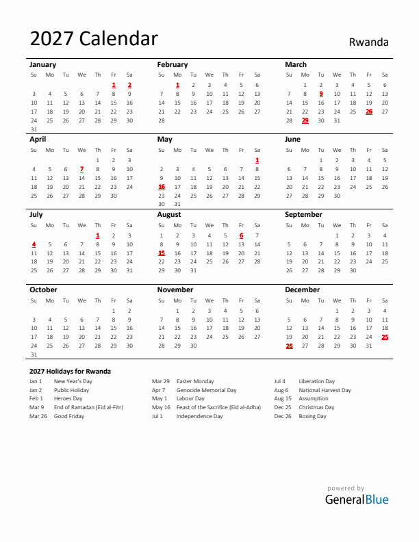 Standard Holiday Calendar for 2027 with Rwanda Holidays