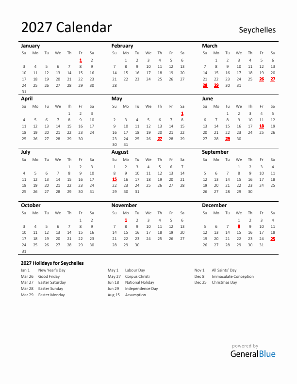 Standard Holiday Calendar for 2027 with Seychelles Holidays 