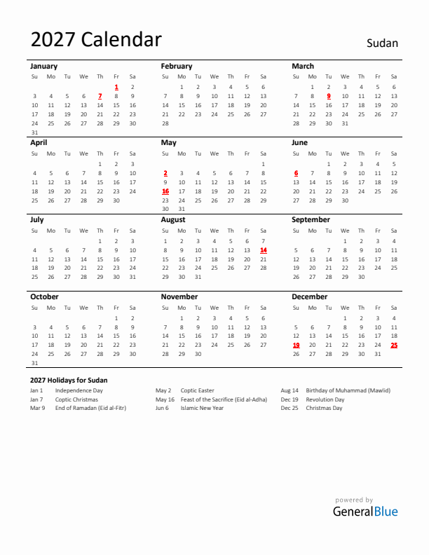 Standard Holiday Calendar for 2027 with Sudan Holidays 