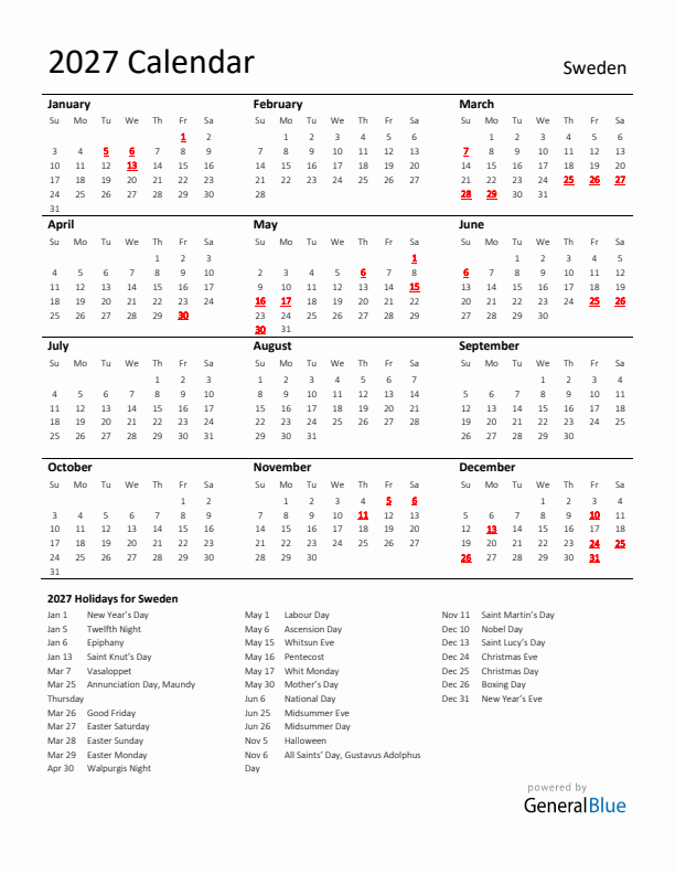 Standard Holiday Calendar for 2027 with Sweden Holidays