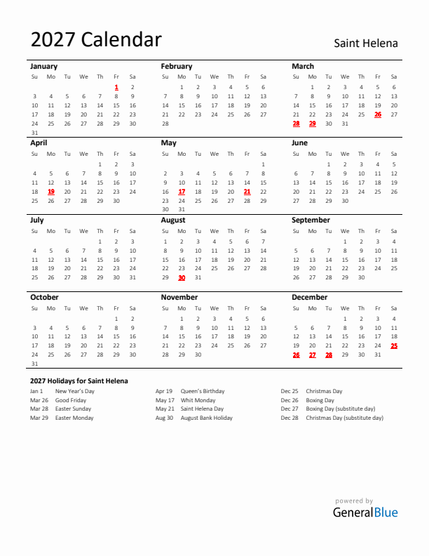 Standard Holiday Calendar for 2027 with Saint Helena Holidays