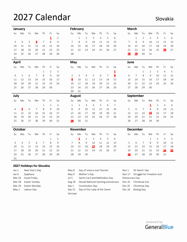 Standard Holiday Calendar for 2027 with Slovakia Holidays