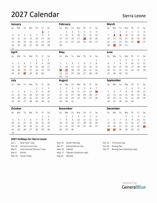 Standard Holiday Calendar for 2027 with Sierra Leone Holidays 