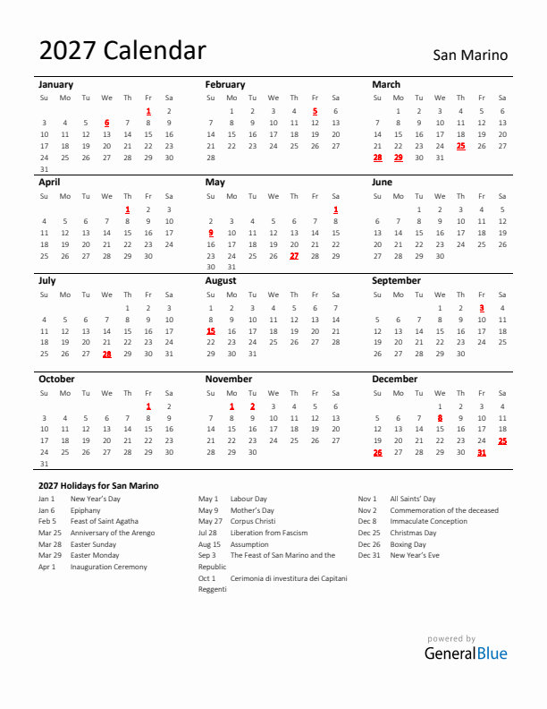 Standard Holiday Calendar for 2027 with San Marino Holidays