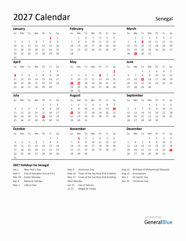 Standard Holiday Calendar for 2027 with Senegal Holidays 