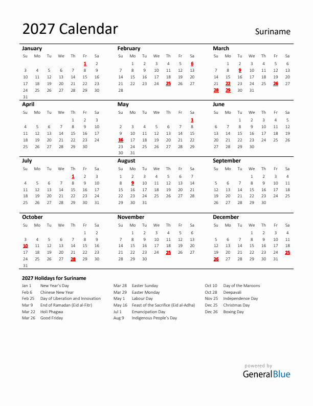 Standard Holiday Calendar for 2027 with Suriname Holidays 