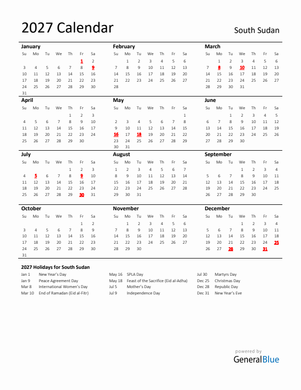Standard Holiday Calendar for 2027 with South Sudan Holidays