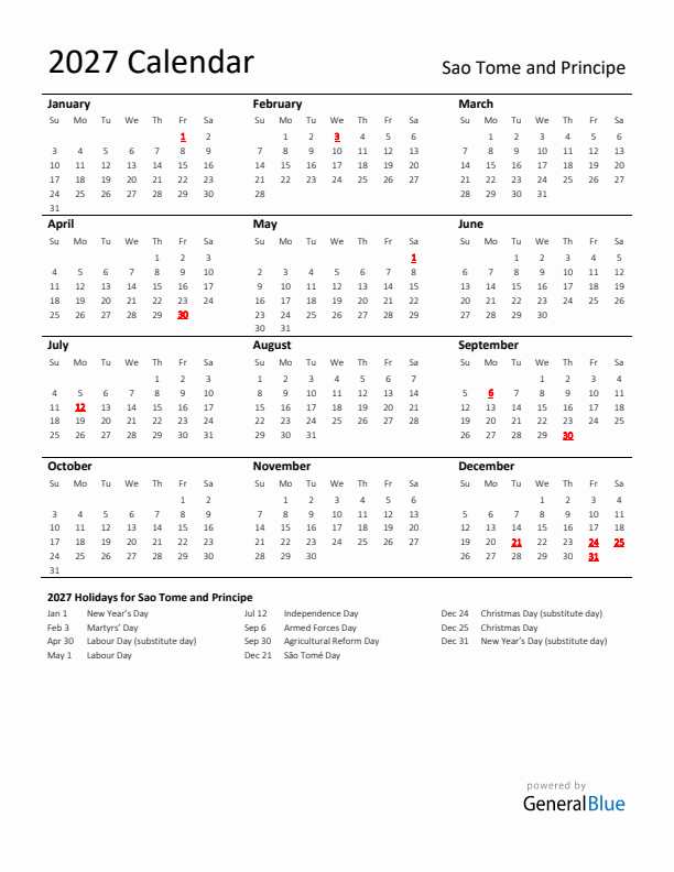 Standard Holiday Calendar for 2027 with Sao Tome and Principe Holidays 