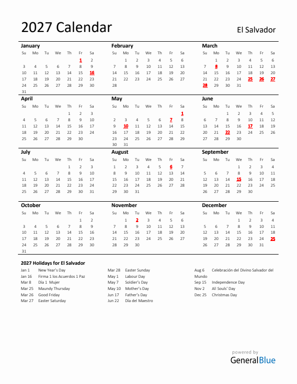 Standard Holiday Calendar for 2027 with El Salvador Holidays