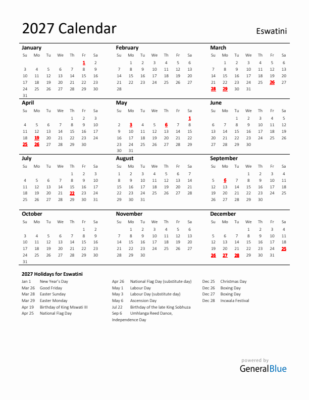 Standard Holiday Calendar for 2027 with Eswatini Holidays 