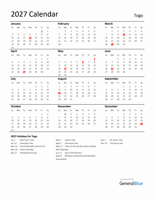 Standard Holiday Calendar for 2027 with Togo Holidays