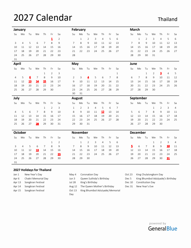 Standard Holiday Calendar for 2027 with Thailand Holidays 
