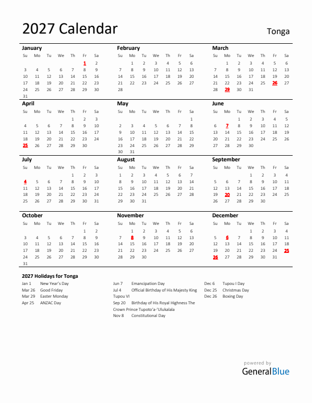 Standard Holiday Calendar for 2027 with Tonga Holidays 