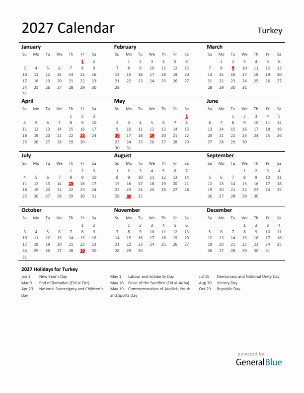 Standard Holiday Calendar for 2027 with Turkey Holidays
